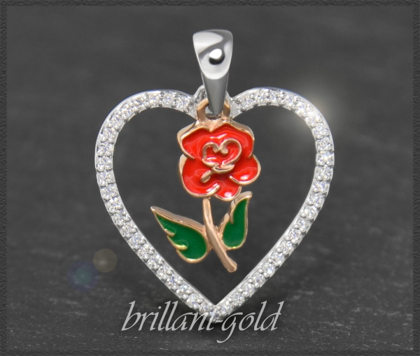 Herz Anhänger "Rose", Email & 0,25ct Diamanten