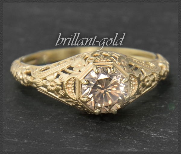 Ring cognac Diamant 0,87ct, 585 Gold, Jugendstil Design