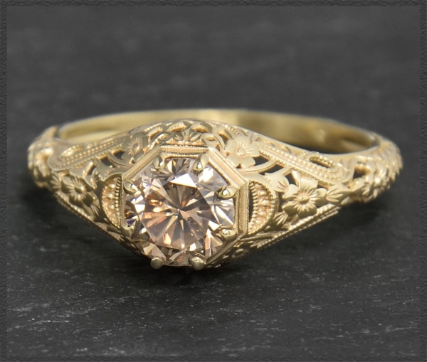 Ring cognac Diamant 0,87ct, 585 Gold, Jugendstil Design