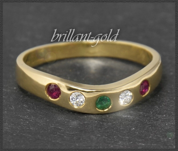 Diamant, Rubin & Smaragd Ring, 750 Gelbgold