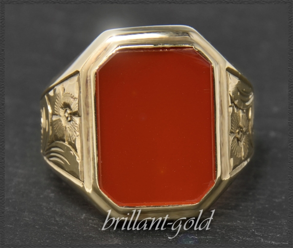 Karneol 333 Gold Ring, Gold Gravur, um 1950
