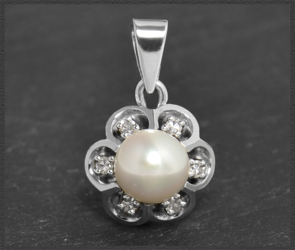 Diamant & 8,5mm Perle Anhänger, 585 Weißgold