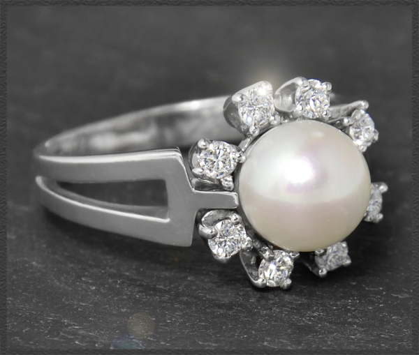 Diamant & Perlen Ring, 0,32ct Brillanten, 585 Weißgold