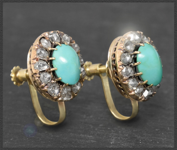 Antike 3,50ct Diamant & Türkis Gold Ohrclips, um 1880