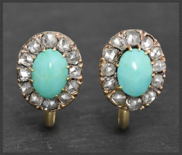 Antike 3,50ct Diamant & Türkis Gold Ohrclips, um 1880