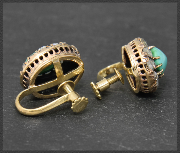 Antike 3,50ct Diamant & Türkis Gold Ohrclips, um 1880