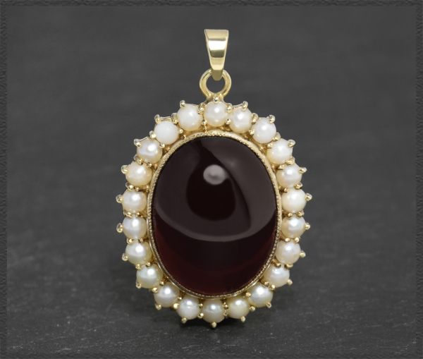Vintage 21ct Granat & Perlen Anhänger, 333 Gold