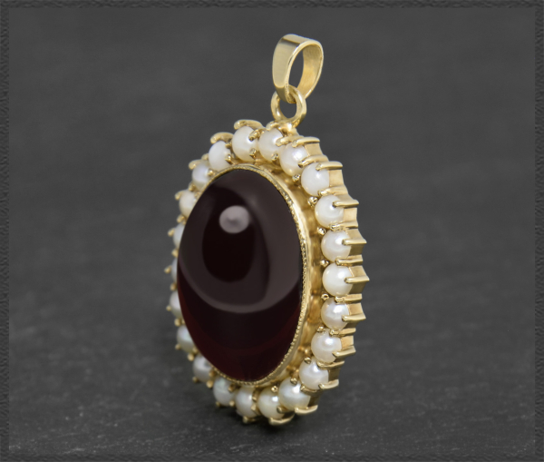 Vintage 21ct Granat & Perlen Anhänger, 333 Gold