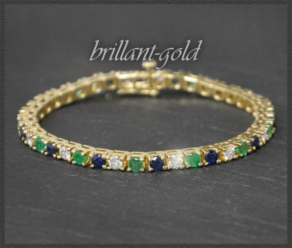 Diamant, Smaragd & Saphir Armband, 585 Gelbgold