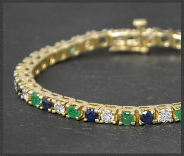 Diamant, Smaragd & Saphir Armband, 585 Gelbgold