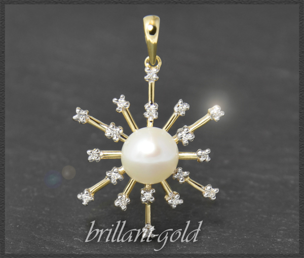 Diamanten & Perle Anhänger "Schneeflocke", 585 Gold