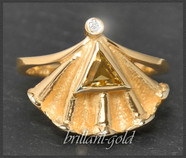 Diamant & Citrin Ring, 585 Gold, Designer-Schmuck