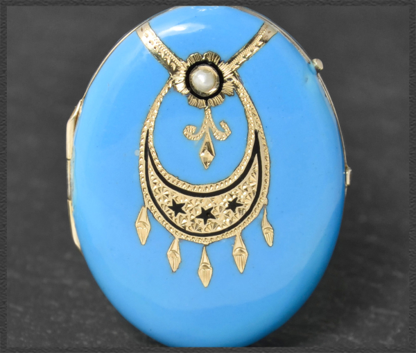 Preview: Gold & Email Medailon mit Gravur & Perle, um 1880