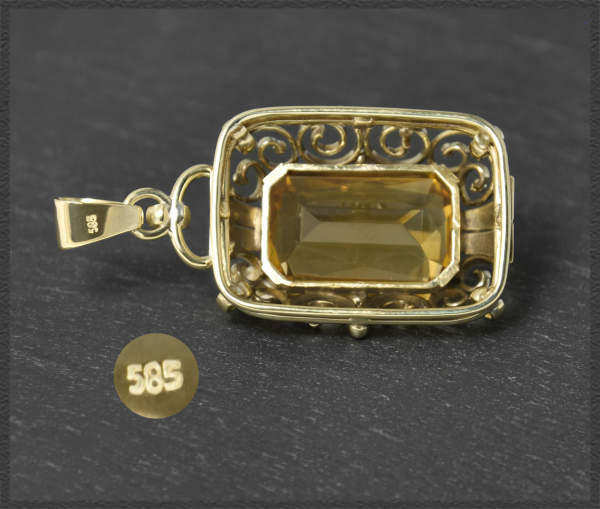 Citrin Anhänger mit 15ct, 585 Gold, Vintage um 1950