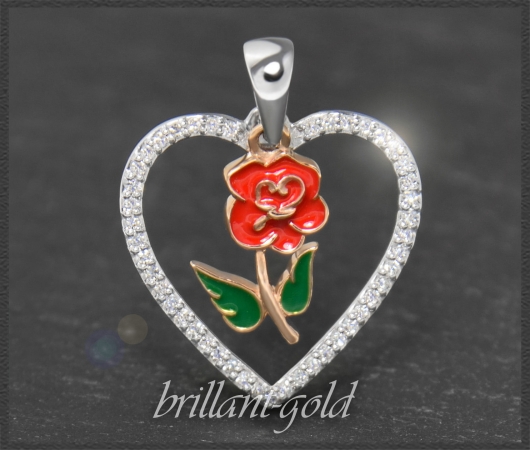 Herz Anhänger "Rose", Email & 0,25ct Diamanten