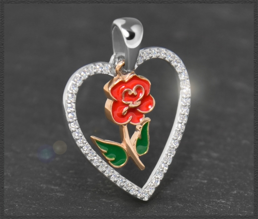 Herz Anhänger "Rose", Email & 0,25ct Diamanten
