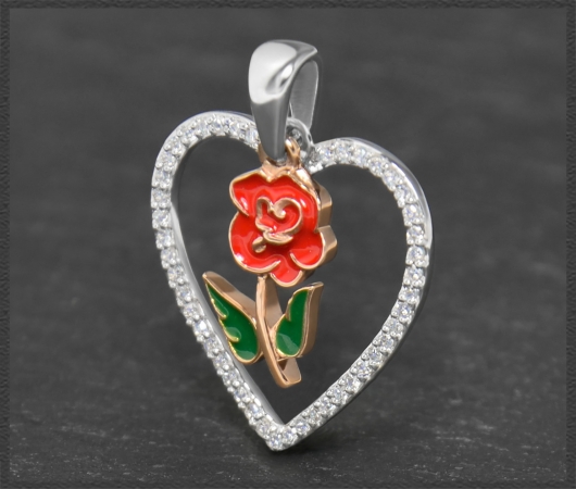 Herz Anhänger "Rose", Email & 0,25ct Diamanten