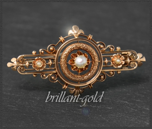 Gold Brosche mit Perlen, Antik Jugendstil um 1890