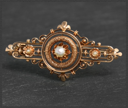 Gold Brosche mit Perlen, Antik Jugendstil um 1890