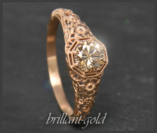 Brillant Ring 0,54ct cognac, 585 Rotgold, Jugendstil Design