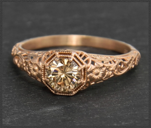 Brillant Ring 0,54ct cognac, 585 Rotgold, Jugendstil Design