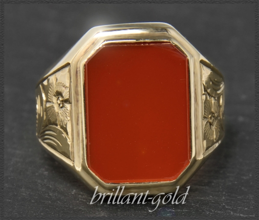 Karneol 333 Gold Ring, Gold Gravur, um 1950