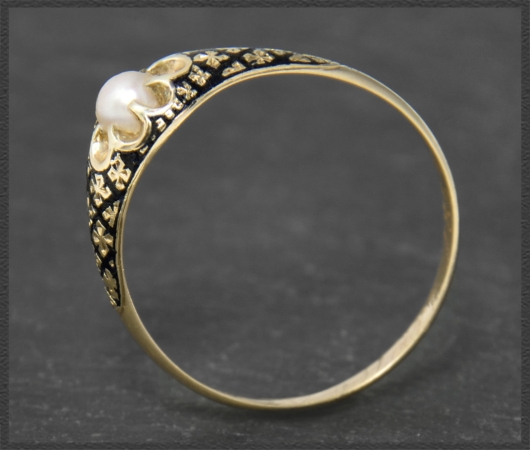 Antiker Ring um 1864! mit Perle, Gravur & Email, 585 Gold