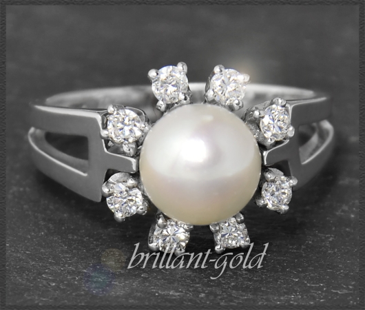 Diamant & Perlen Ring, 0,32ct Brillanten, 585 Weißgold