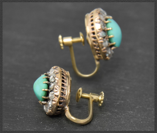 Antike 3,50ct Diamant & Türkis Gold Ohrclips, um 1880