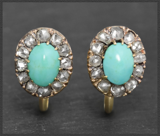 Antike 3,50ct Diamant & Türkis Gold Ohrclips, um 1880