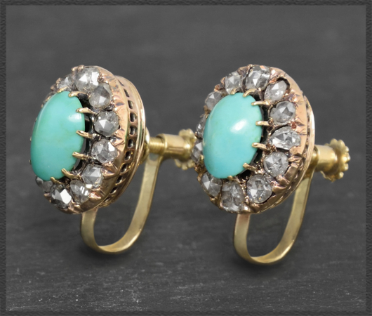 Antike 3,50ct Diamant & Türkis Gold Ohrclips, um 1880