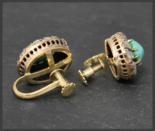 Antike 3,50ct Diamant & Türkis Gold Ohrclips, um 1880