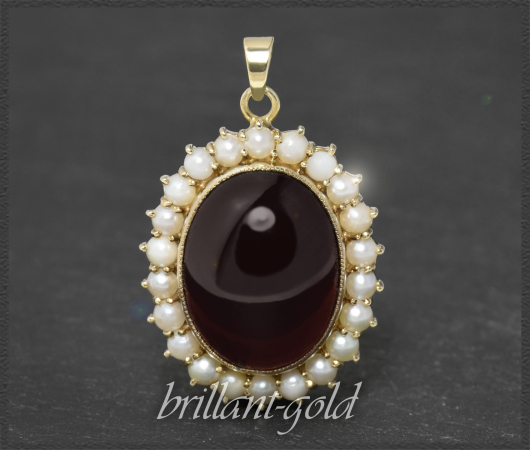 Vintage 21ct Granat & Perlen Anhänger, 333 Gold