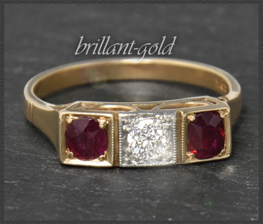 Antiker 1,30ct Diamant & Rubin Trilogie Ring, 585 Gold