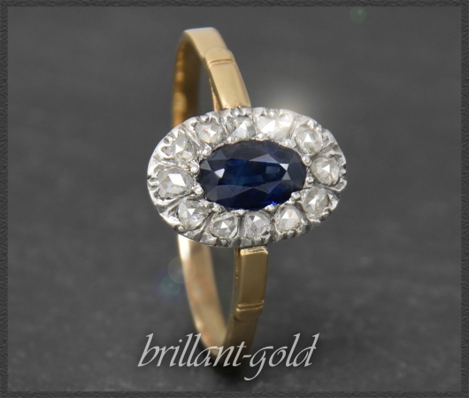 Diamant & Saphir Ring, 750 Gold & Silber, Antik um 1890
