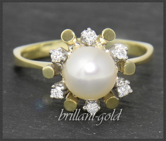 Vintage Diamant & Perlen Ring mit Brillanten, 585 Gold