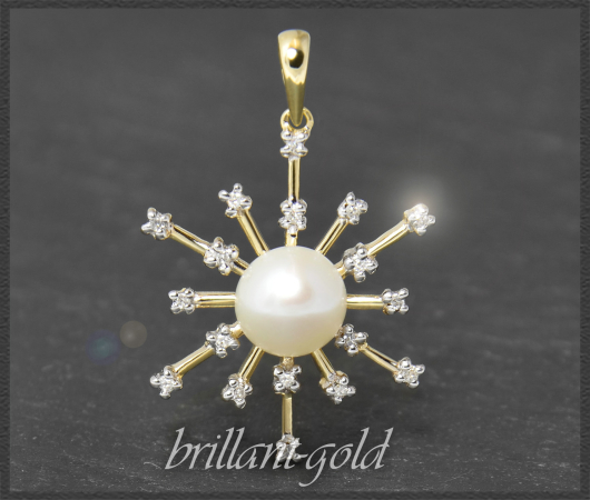 Diamanten & Perle Anhänger "Schneeflocke", 585 Gold