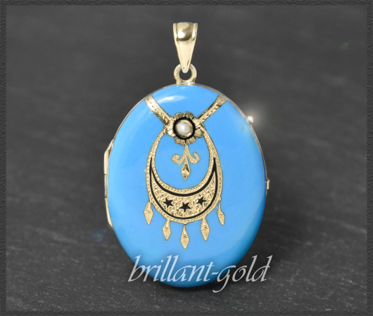 Gold & Email Medailon mit Gravur & Perle, um 1880