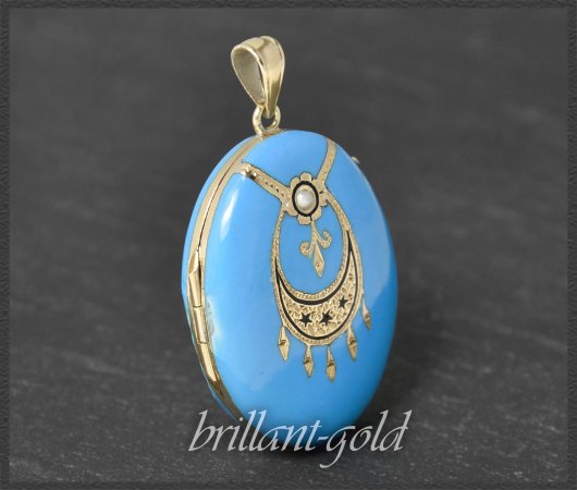 Gold & Email Medailon mit Gravur & Perle, um 1880
