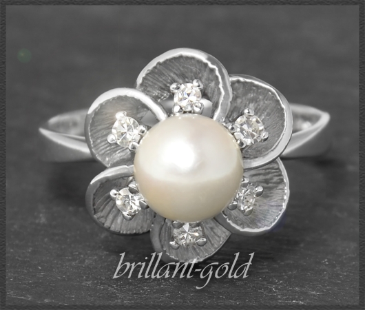 Diamant & Perlen Blumen Ring, 585 Weißgold, Vintage