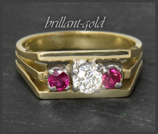 Vintage 0,92ct Diamant & Rubin Trilogie Ring, 585 Gold